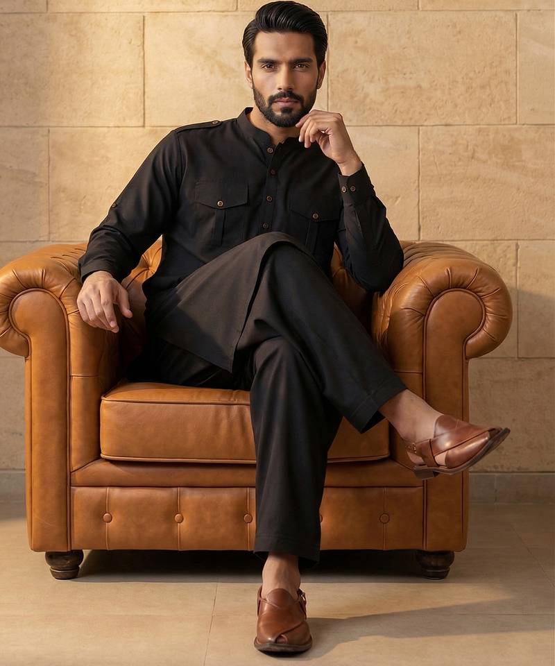 Men black viscose rayon solid straight pathani set