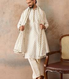 Men white chanderi silk woven design floral straight kurta sets