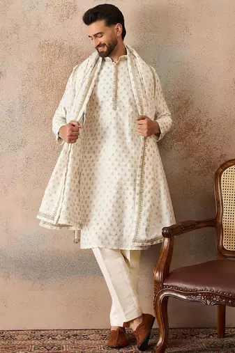 Men white chanderi silk woven design floral straight kurta sets