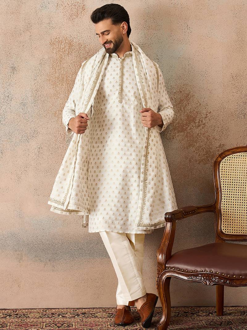 Men white chanderi silk woven design floral straight kurta sets