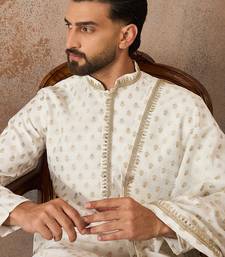 Men white chanderi silk woven design floral straight kurta sets