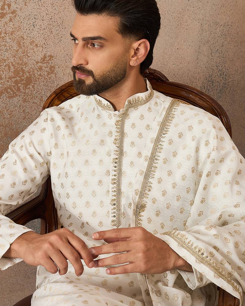 Men white chanderi silk woven design floral straight kurta sets