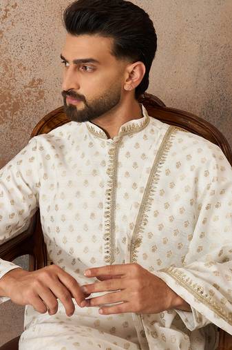 Men white chanderi silk woven design floral straight kurta sets