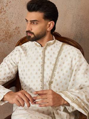 Men white chanderi silk woven design floral straight kurta sets 1