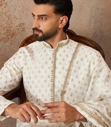 Men white chanderi silk woven design floral straight kurta sets