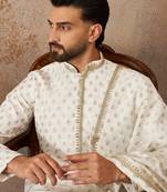 Men white chanderi silk woven design floral straight kurta sets