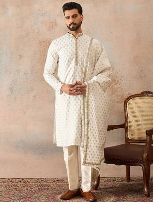 Men white chanderi silk woven design floral straight kurta sets 1