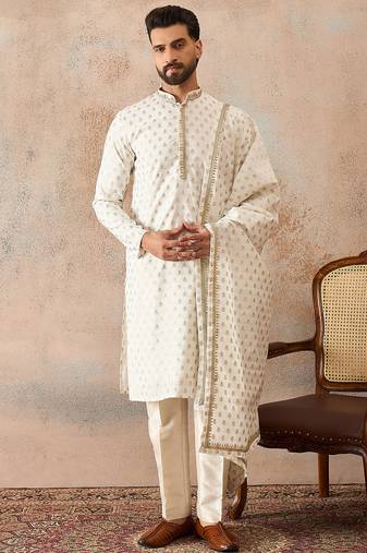 Men white chanderi silk woven design floral straight kurta sets