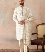 Men white chanderi silk woven design floral straight kurta sets
