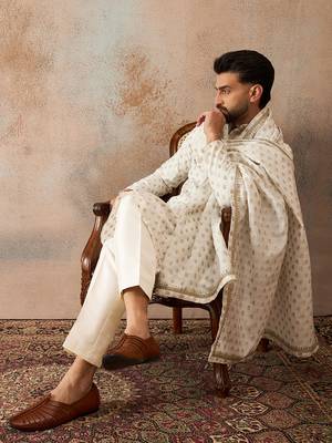 Men white chanderi silk woven design floral straight kurta sets 3