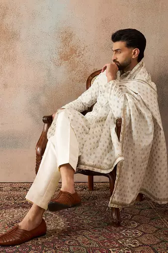 Men white chanderi silk woven design floral straight kurta sets
