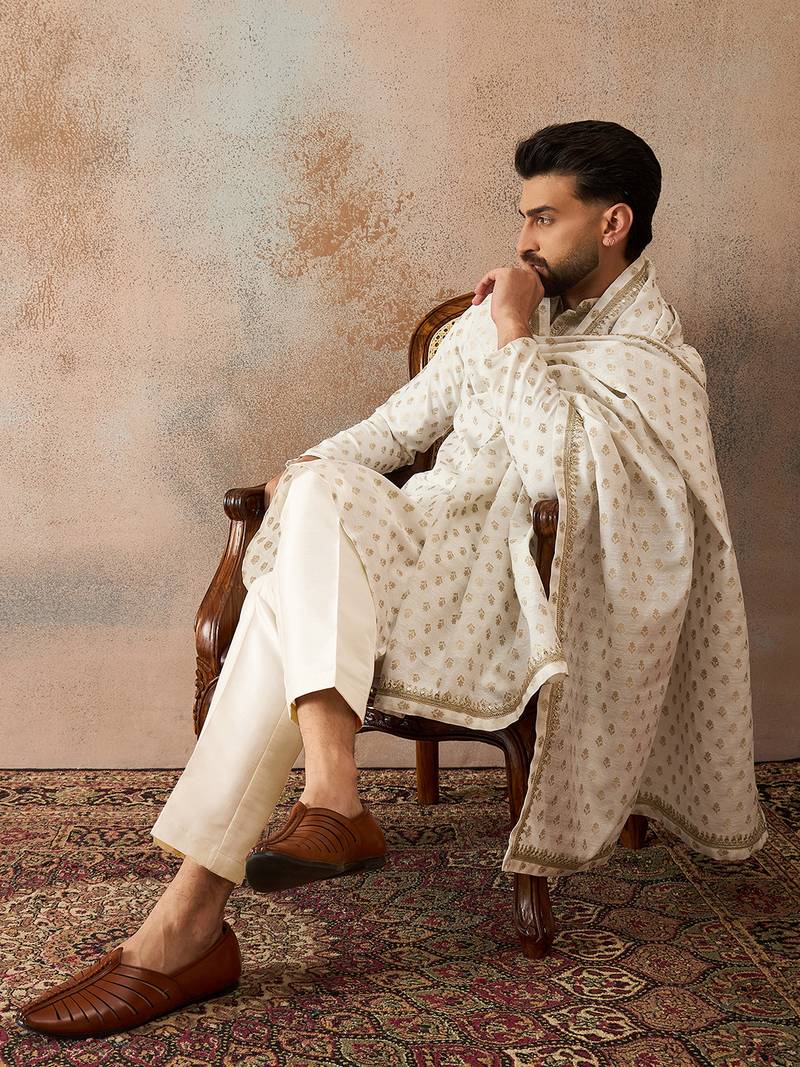 Men white chanderi silk woven design floral straight kurta sets