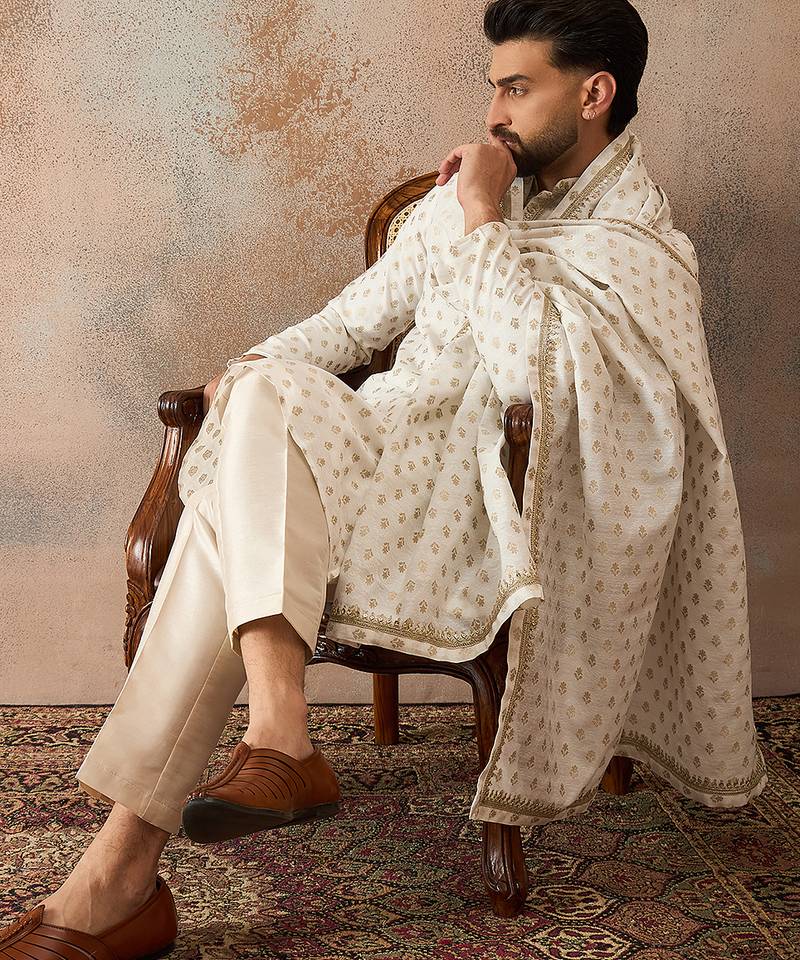 Men white chanderi silk woven design floral straight kurta sets