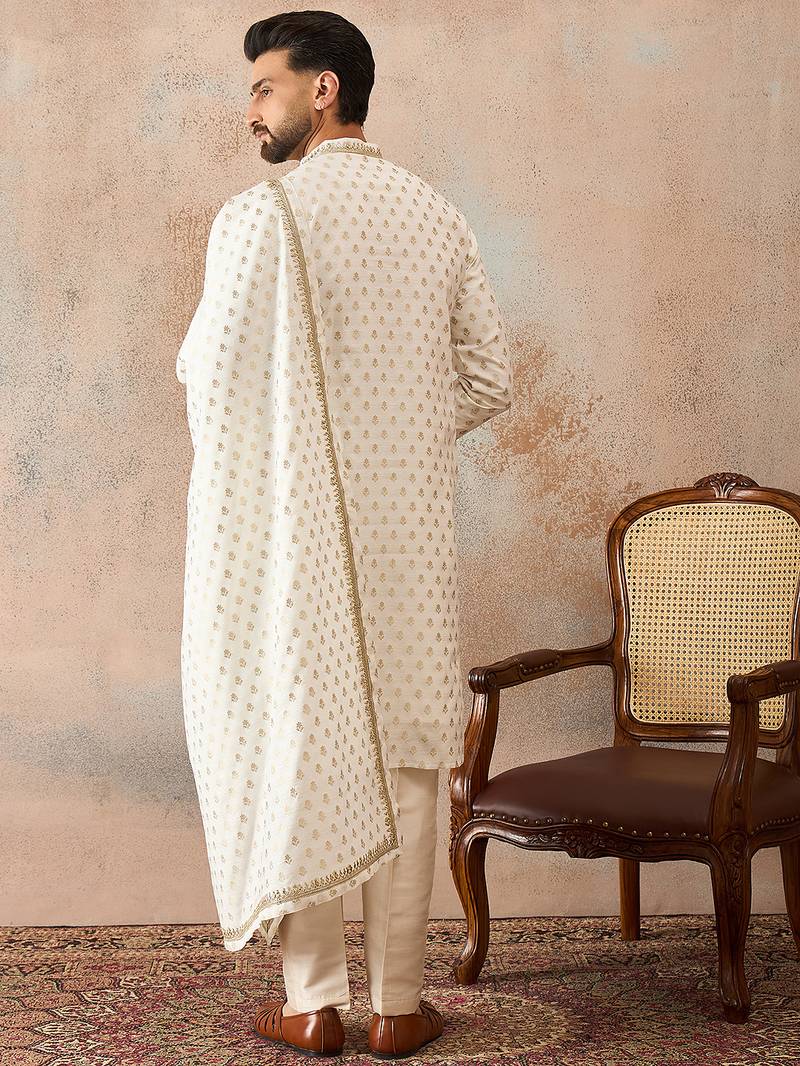 Men white chanderi silk woven design floral straight kurta sets
