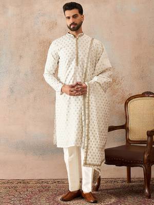 Men white chanderi silk woven design floral straight kurta sets 5