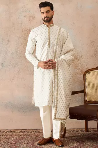 Men white chanderi silk woven design floral straight kurta sets