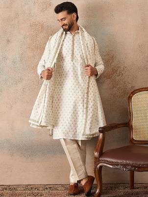 Men white chanderi silk woven design floral straight kurta sets 5