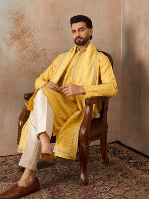 Men yellow chanderi silk woven design floral straight kurta sets 2
