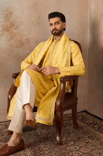 Men yellow chanderi silk woven design floral straight kurta sets