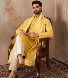 Men yellow chanderi silk woven design floral straight kurta sets