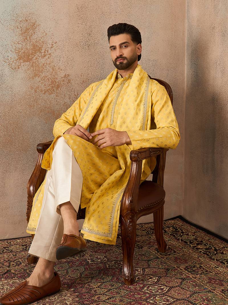 Men yellow chanderi silk woven design floral straight kurta sets