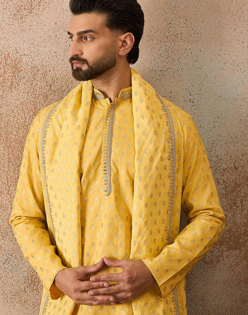 Men yellow chanderi silk woven design floral straight kurta sets