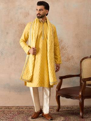 Men yellow chanderi silk woven design floral straight kurta sets 3
