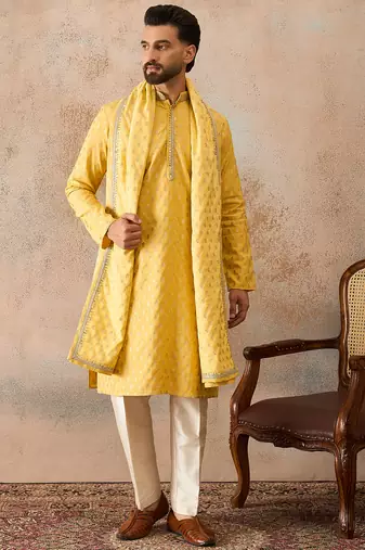 Men yellow chanderi silk woven design floral straight kurta sets