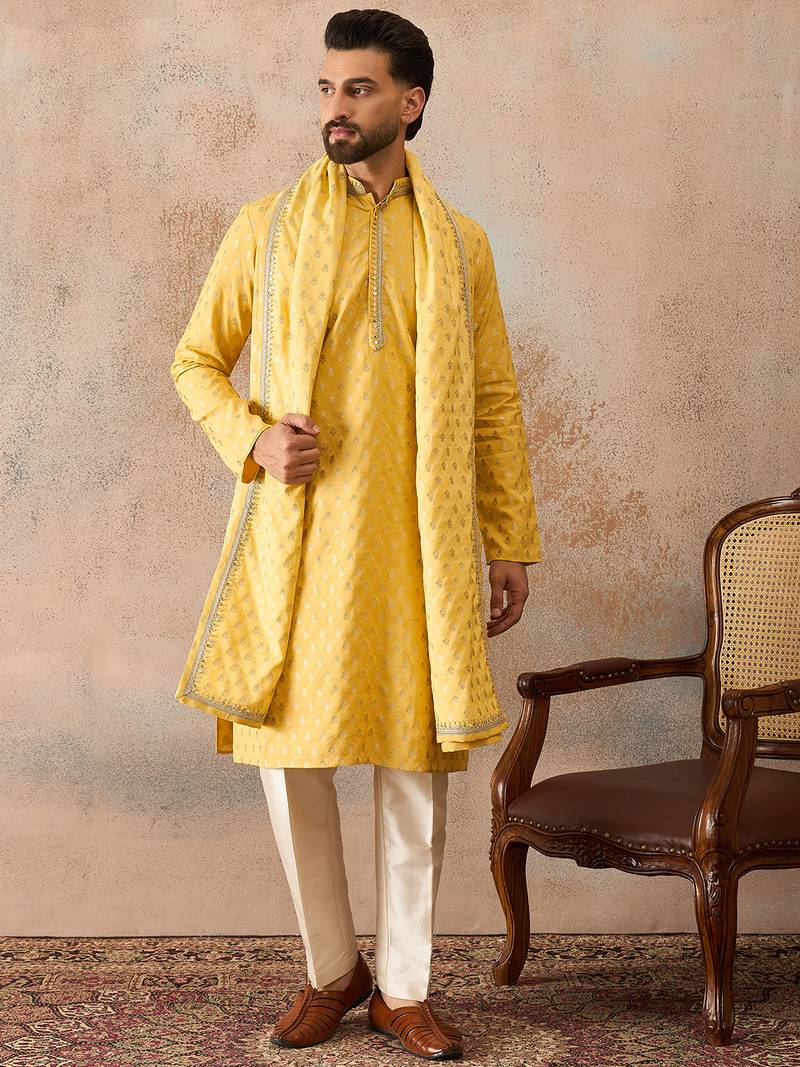 Men yellow chanderi silk woven design floral straight kurta sets