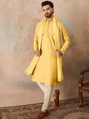 Men yellow chanderi silk woven design floral straight kurta sets 1