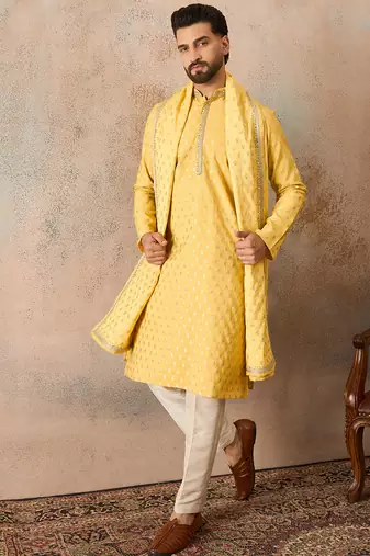 Men yellow chanderi silk woven design floral straight kurta sets