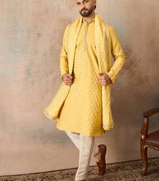 Men yellow chanderi silk woven design floral straight kurta sets