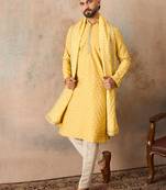 Men yellow chanderi silk woven design floral straight kurta sets
