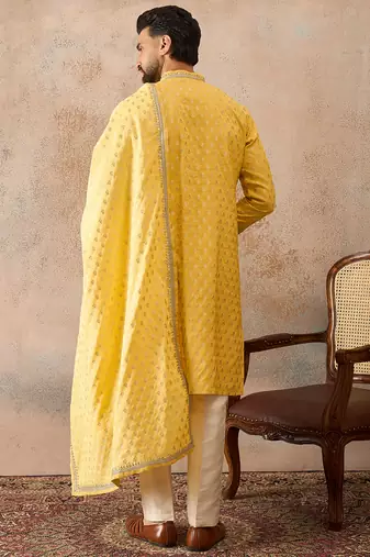 Men yellow chanderi silk woven design floral straight kurta sets
