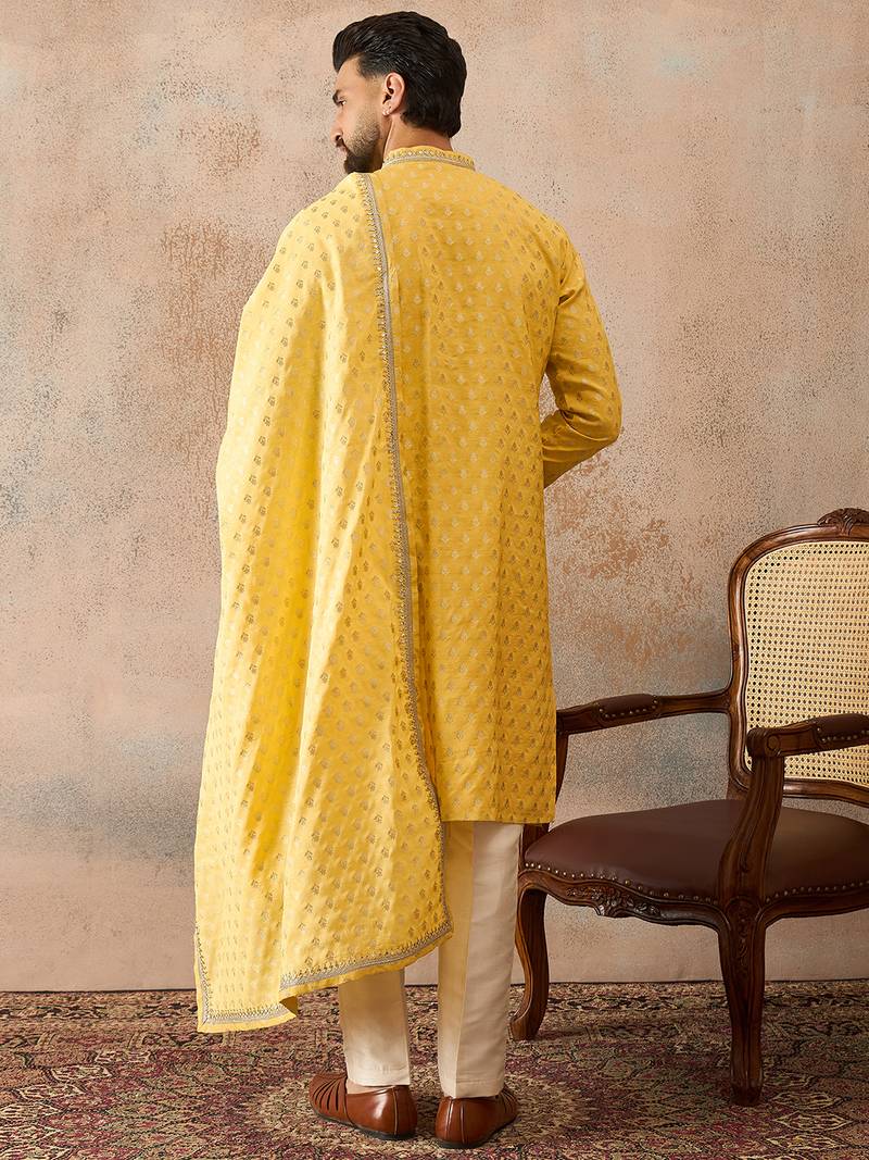 Men yellow chanderi silk woven design floral straight kurta sets