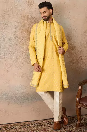 Men yellow chanderi silk woven design floral straight kurta sets