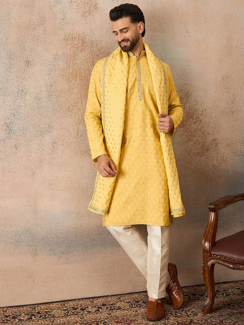 Men yellow chanderi silk woven design floral straight kurta sets