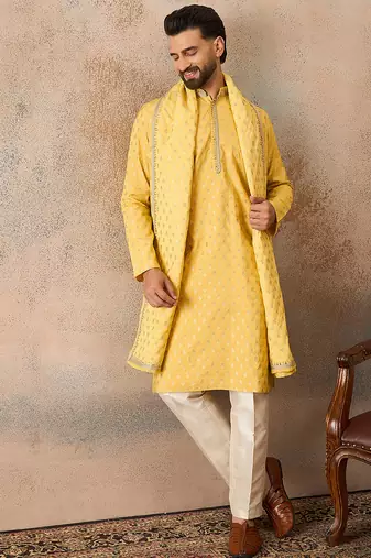 Men yellow chanderi silk woven design floral straight kurta sets