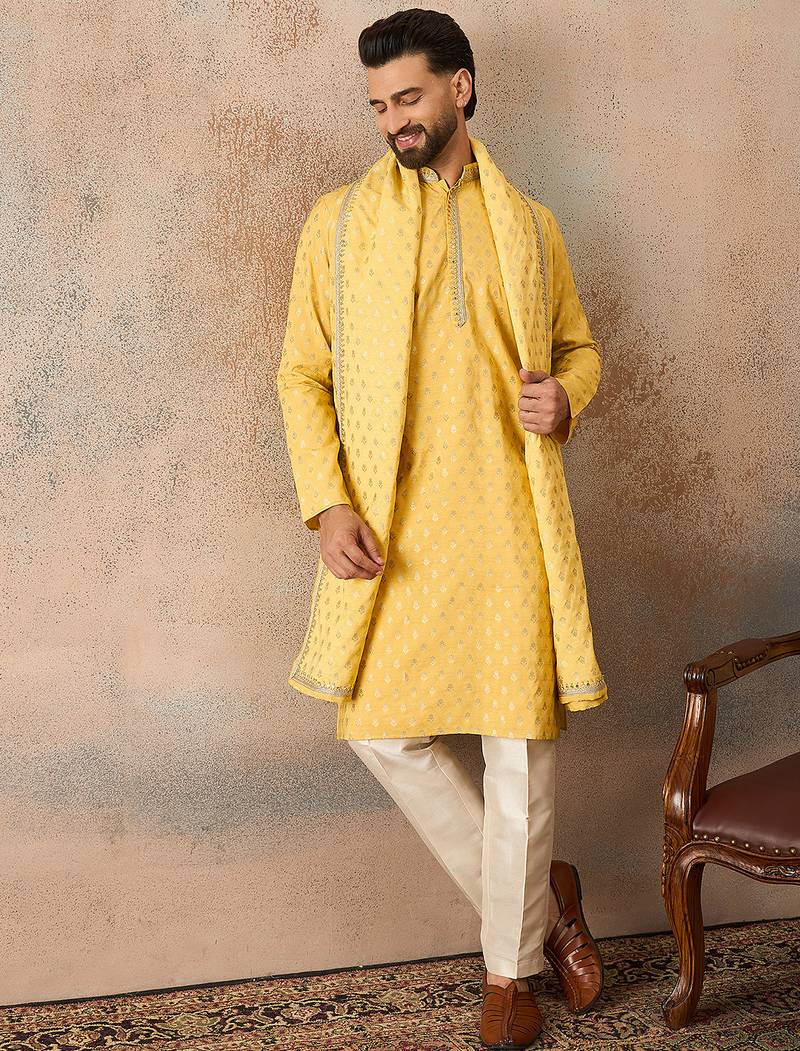 Men yellow chanderi silk woven design floral straight kurta sets