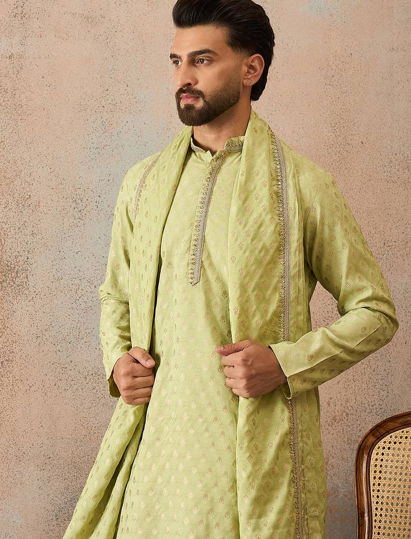 Men green chanderi silk woven design floral straight kurta sets