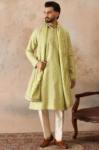 Men green chanderi silk woven design floral straight kurta sets
