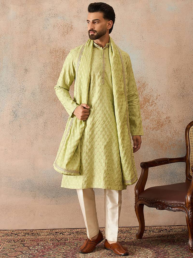 Men green chanderi silk woven design floral straight kurta sets