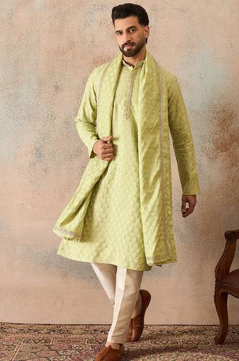 Men green chanderi silk woven design floral straight kurta sets