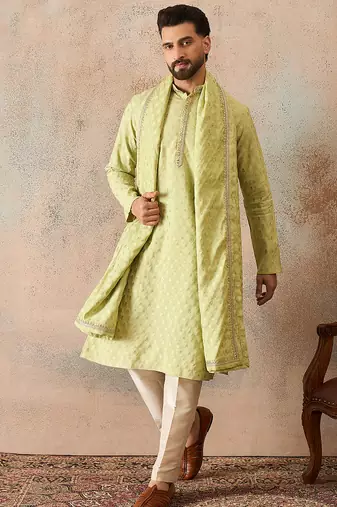 Men green chanderi silk woven design floral straight kurta sets