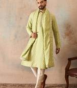 Men green chanderi silk woven design floral straight kurta sets