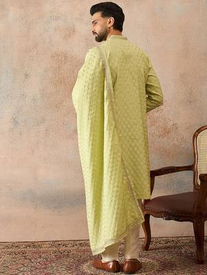 Men green chanderi silk woven design floral straight kurta sets 4