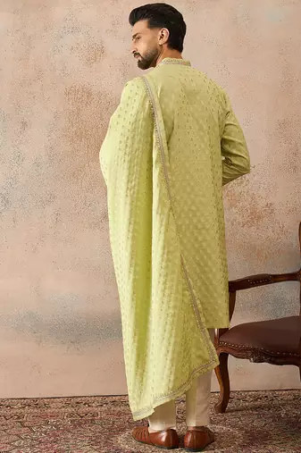 Men green chanderi silk woven design floral straight kurta sets