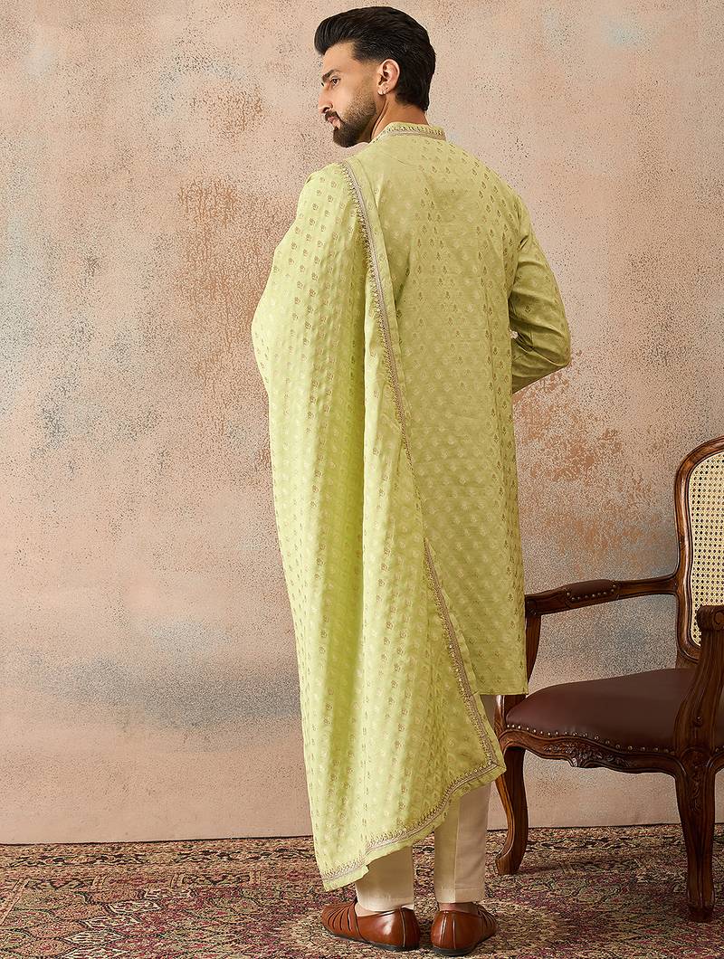 Men green chanderi silk woven design floral straight kurta sets