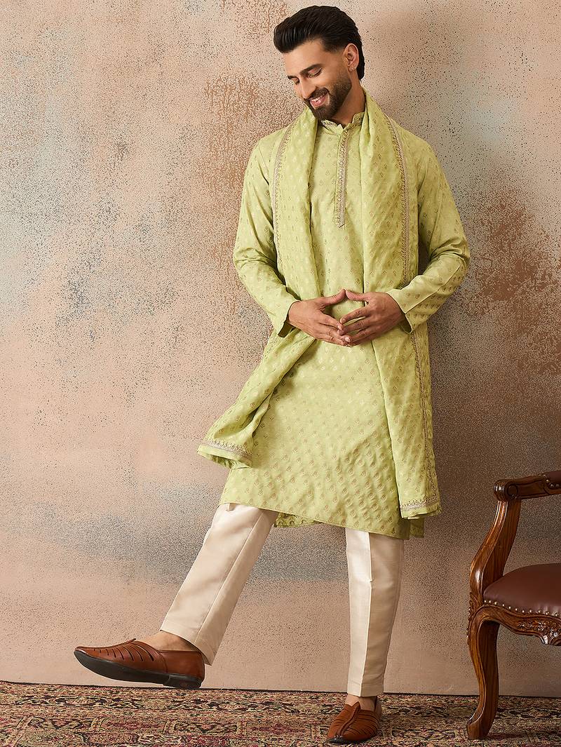 Men green chanderi silk woven design floral straight kurta sets