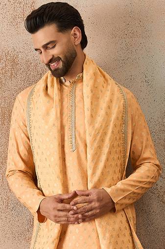 Men peach chanderi silk woven design floral straight kurta sets